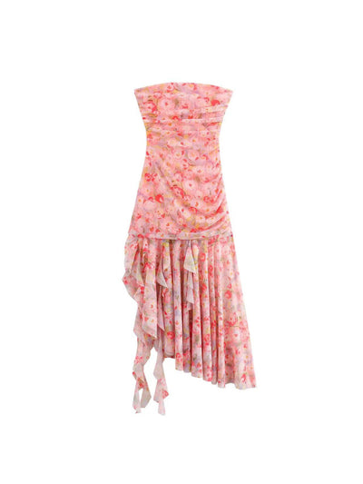 Pink Floral Print Tube Frill Dress