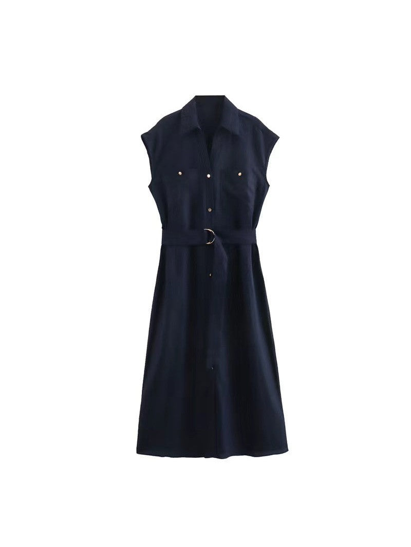 Sleeveless Pocket Shirt Dress With Belt