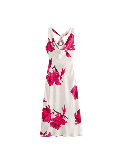 Floral Print Cowl Neck Backless Maxi Dress