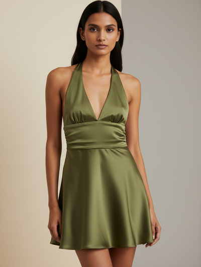Halterneck Deep Neck Back Knot Dress in olive satin on sale