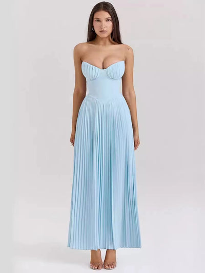 V Neck Bandeau Tube Pleated Maxi Dress