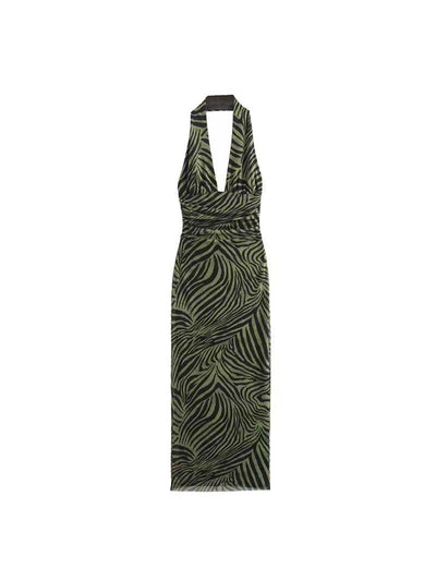 Animal Print Halterneck Backless Ruched Dress