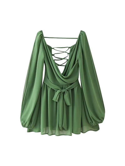 Lantern cutout Sleeves Deep Neck Backless Romper