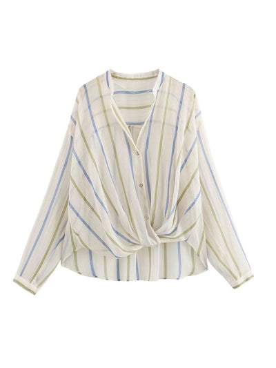 Stripe Long Sleeves Crop Blouse Shirt Top