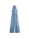 Halterneck Backless Denim Jumpsuit