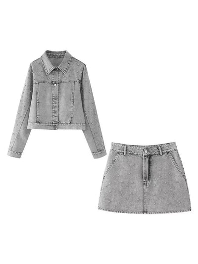 Studded Denim Jacket & Skirt Coord Set