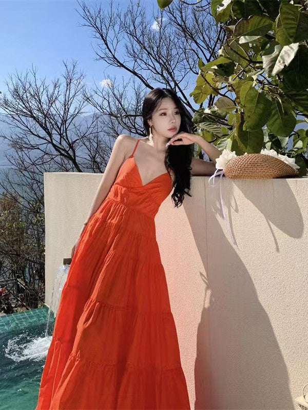 Tied Strap V Neck Flare Backless Maxi Dress Tied Strap V Neck Flare Backless Maxi Dress