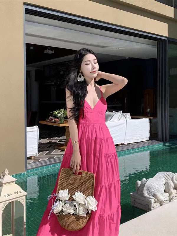 Tied Strap V Neck Flare Backless Maxi Dress Tied Strap V Neck Flare Backless Maxi Dress