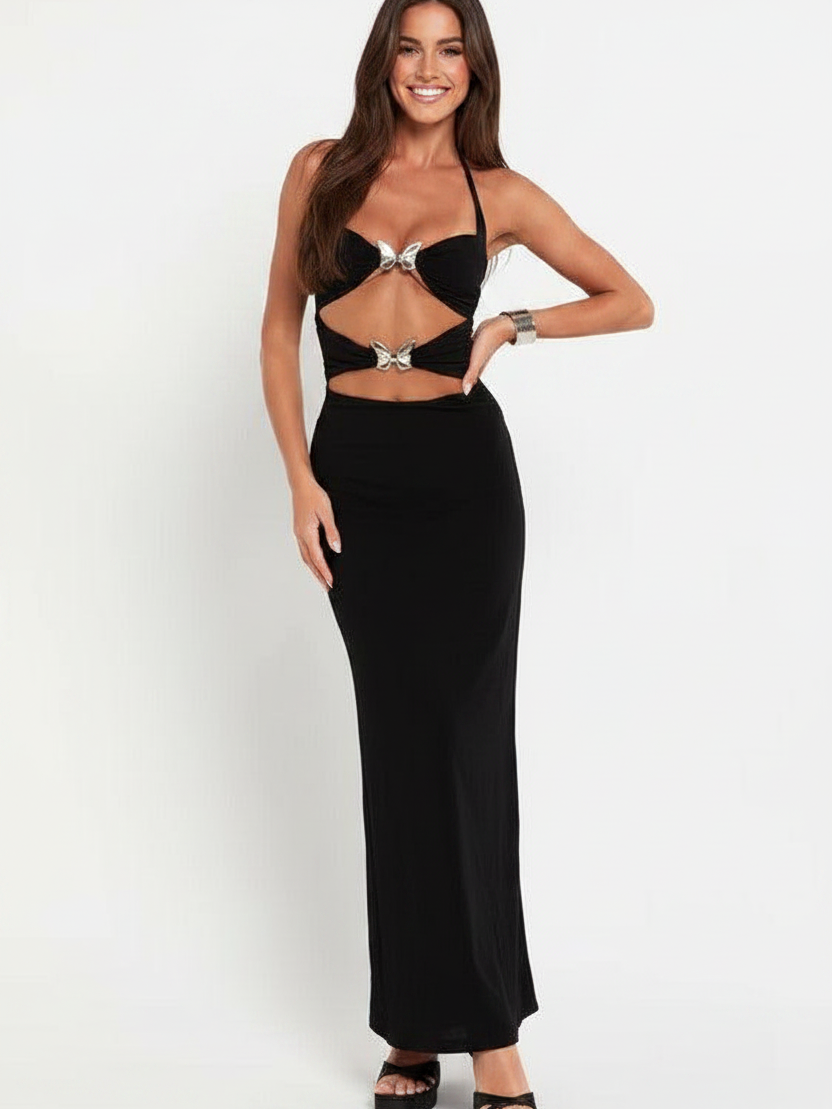 Butterfly Applique Halterneck Cutout Maxi Dress in black by EXCLUSIVES