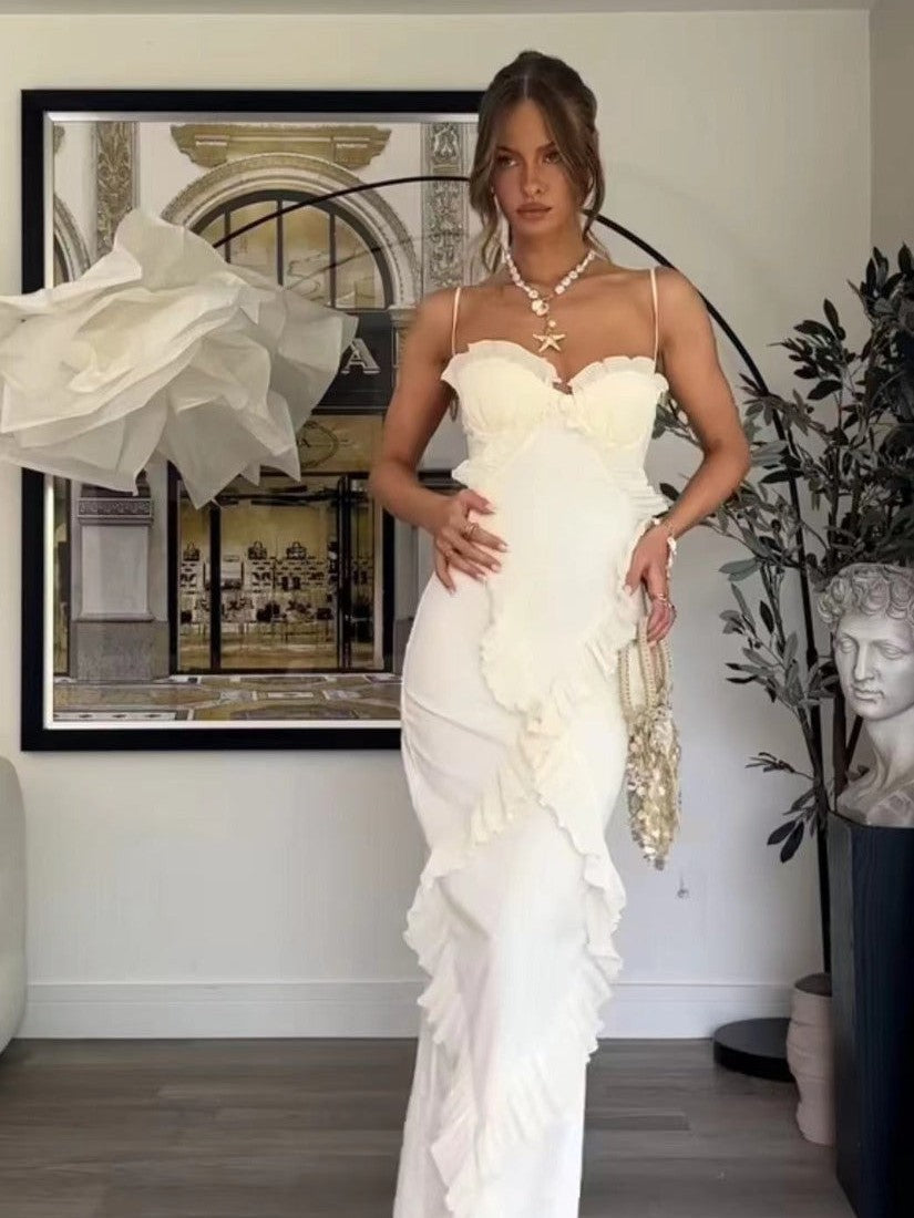 Lamer Spaghetti Strap Ruffle Slit Maxi Dress