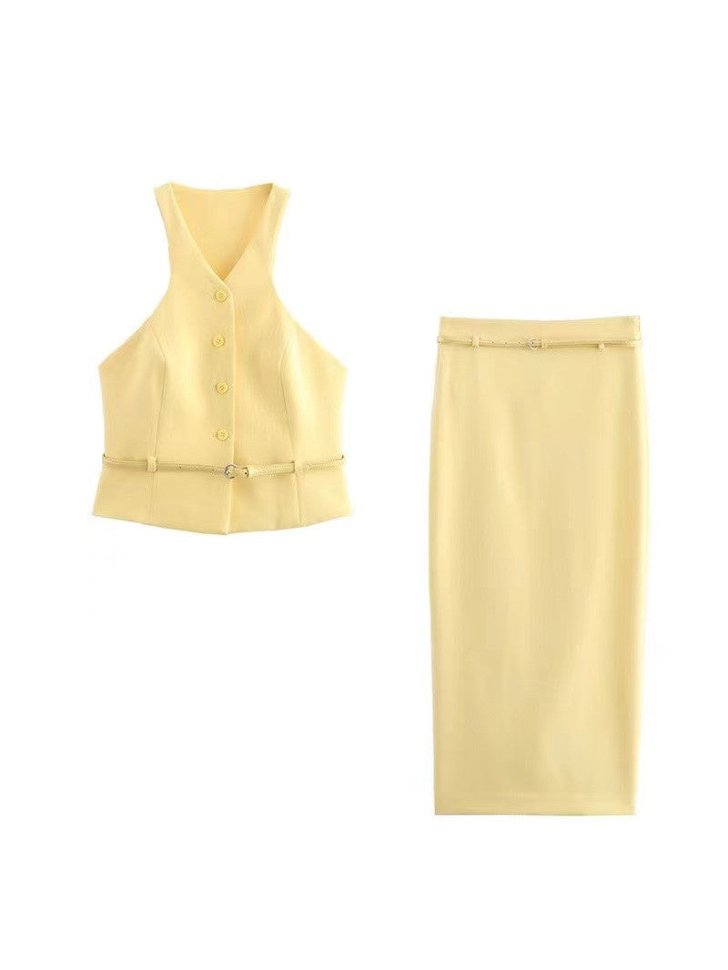 Sleevless Belted Vest Waist Coat & Pencil Skirt Coord Set