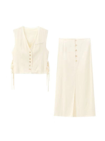V Neck Side Tie Vest And Slit Button Skirt Coord Set