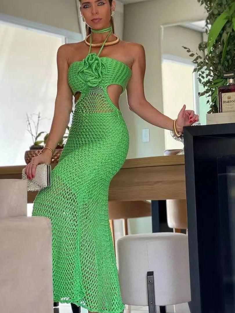 Flower Applique Halterneck Crochet Backless Dress Flower Applique Halterneck Crochet Backless Dress