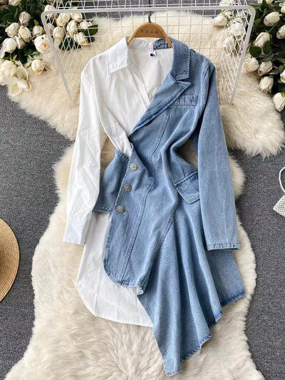 Asymmetric Denim Patch Shirt Dress