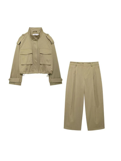 Cropped Jacket With Pocket & Wide Leg Pant Coord Set