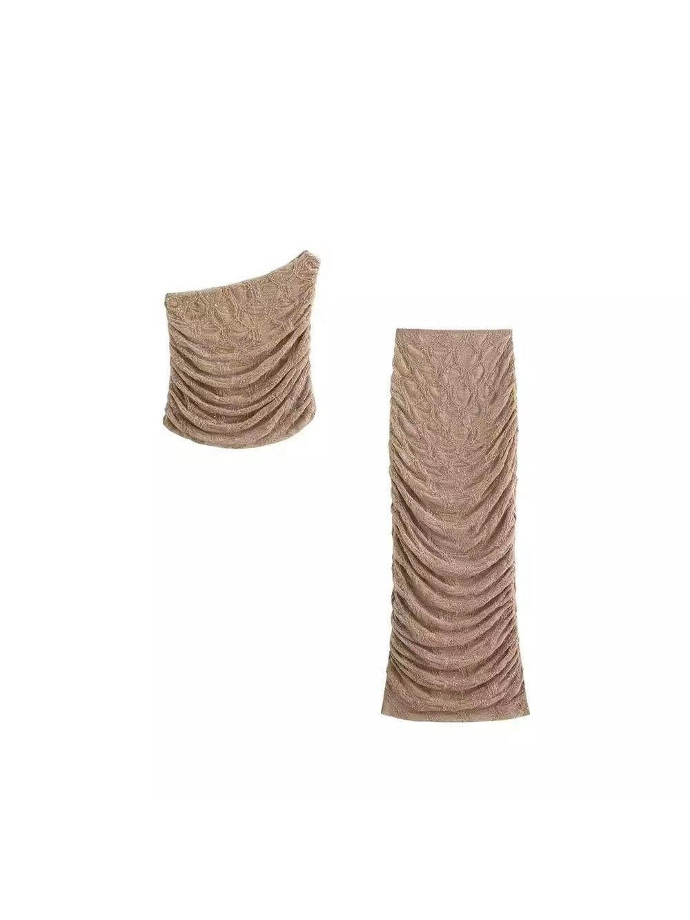 Rhinestone Ruched Long Skirt & One Shoulder Top Coord Set