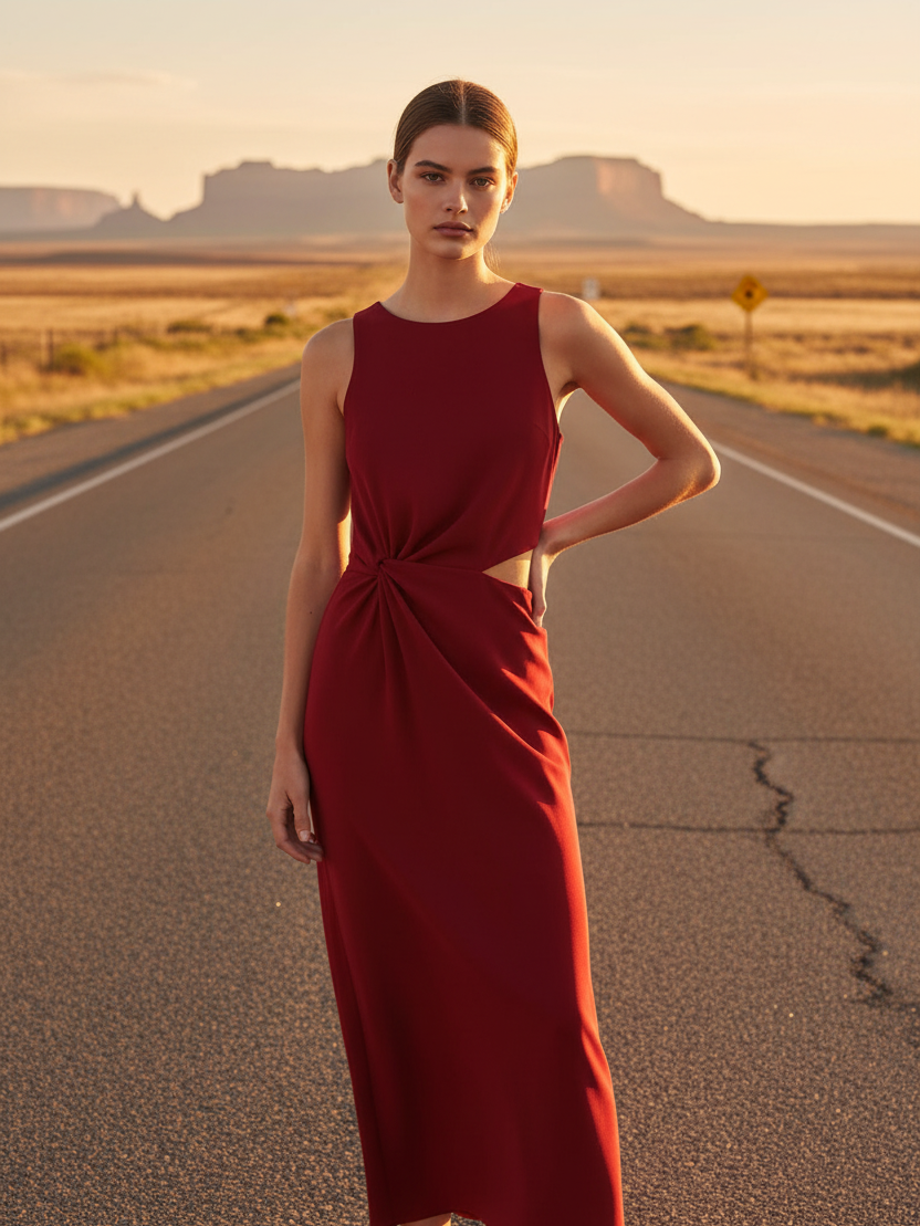 Sleeveless Cutout Ruched Maxi Dress by EXCLUSIVES, red with waist twist knot, model on desert road