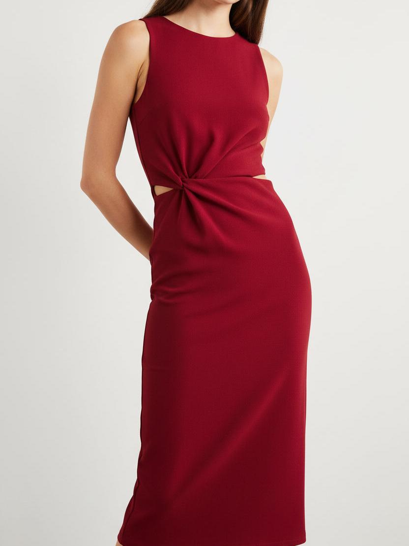 Red sleeveless maxi dress with a twisted waist knot and a side cutout.