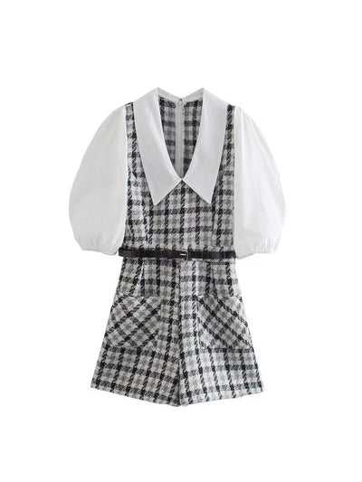 Plaid Tweed Balloon Sleeves Romper With Belt