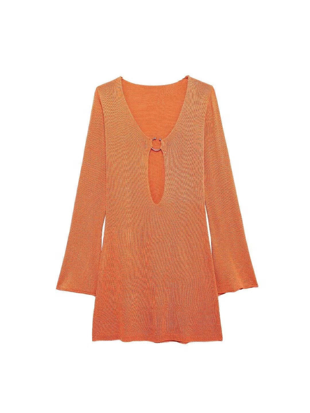 Orange knit mini dress with deep V-neck and oval keyhole cutout linked by a metal ring, long sleeves.