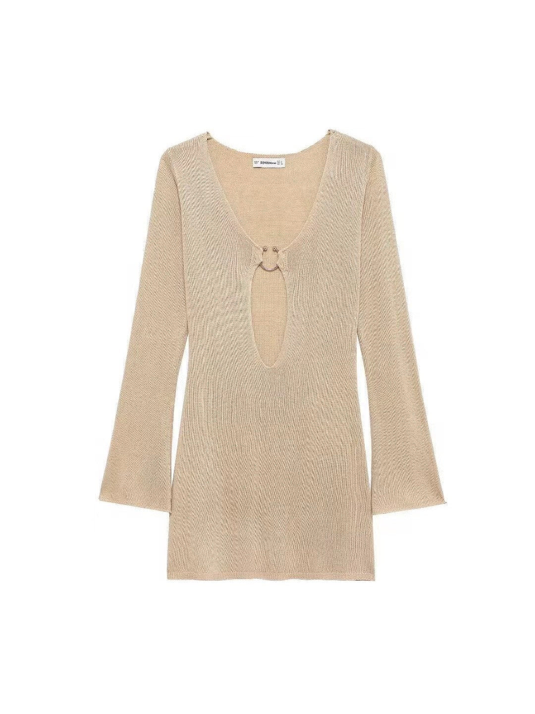 Beige knit long-sleeve mini dress with a deep V-neck cutout and a circular ring detail at the chest.