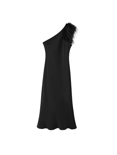 One Shoulder Fur Maxi Evening  Dress