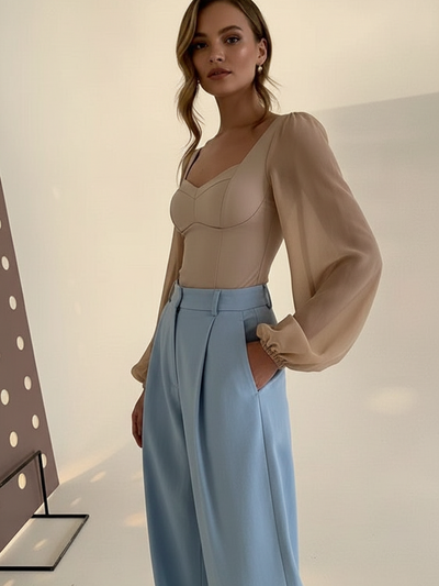 Patchwork mesh long sleeve bodysuit in beige with sheer puff sleeves