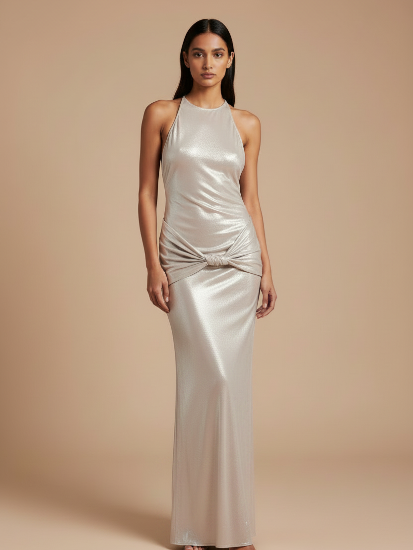 Metallic halterneck backless ruched maxi dress with waist knot in champagne fabric