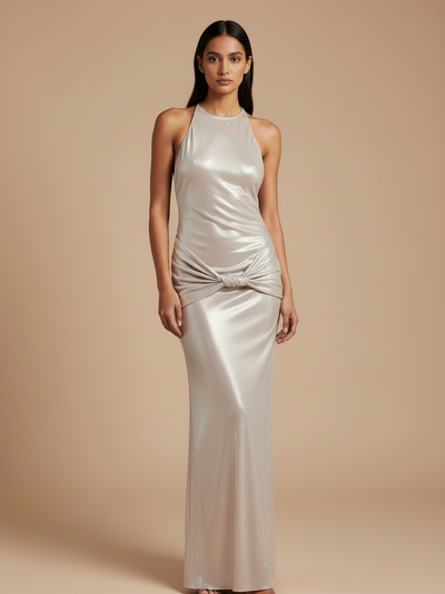 Metallic halterneck backless ruched maxi dress with waist knot in champagne fabric