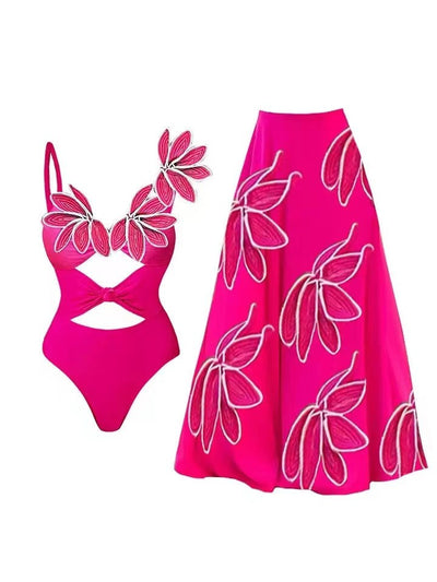 3D Floral Hollow Out Cutout Swimsuit & Skirt Coord Set