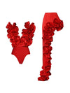 Red Deep V Plunge Sexy Ruffle Swimsuit & Skirt Coord Set