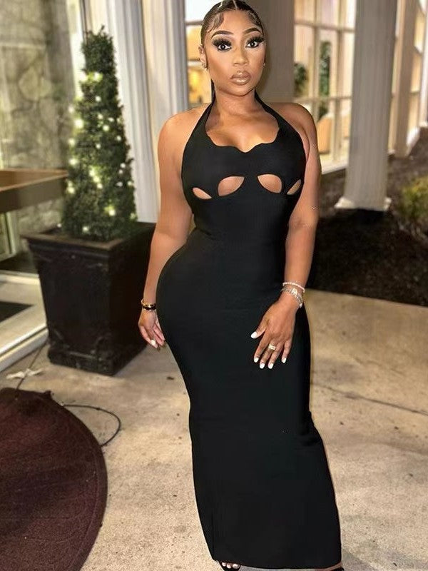 Halterneck Cutout Slit Maxi Dress