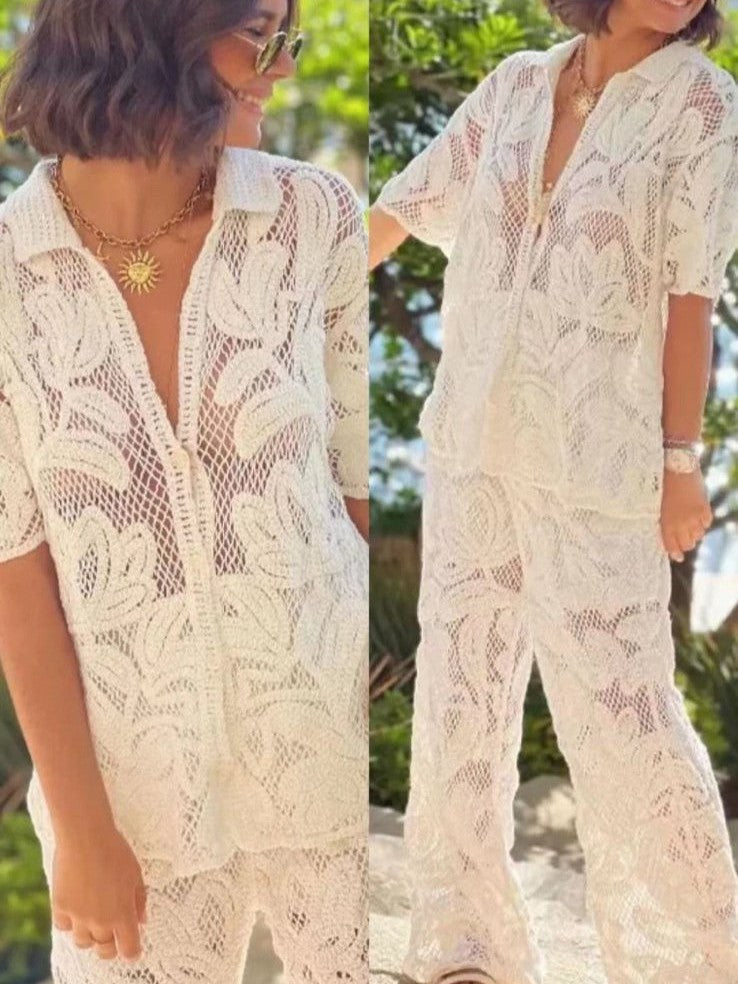 Floral Crochet Shirt & Wide Leg Pant Coord Set
