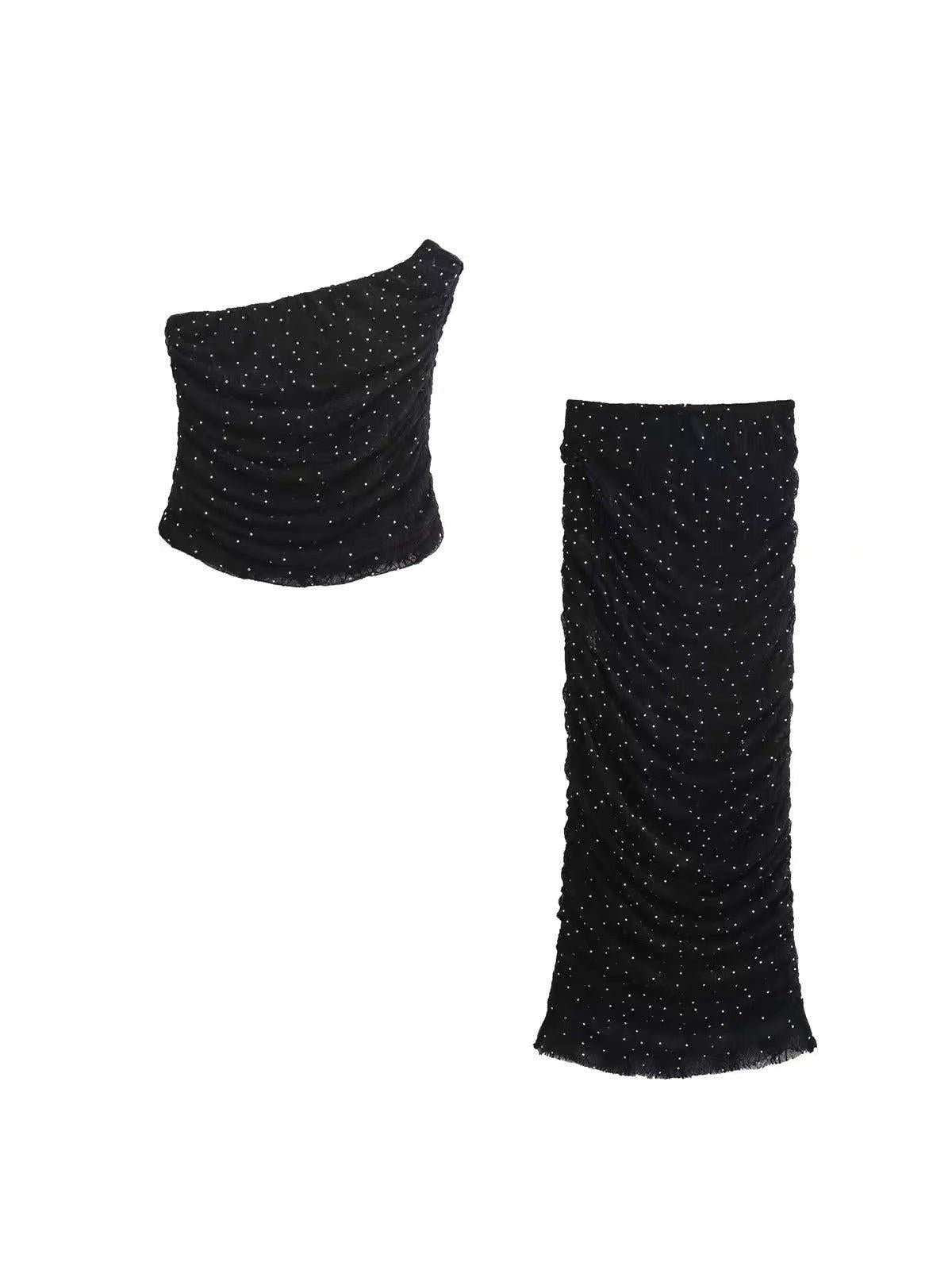 Rhinestone Ruched Long Skirt & One Shoulder Top Coord Set