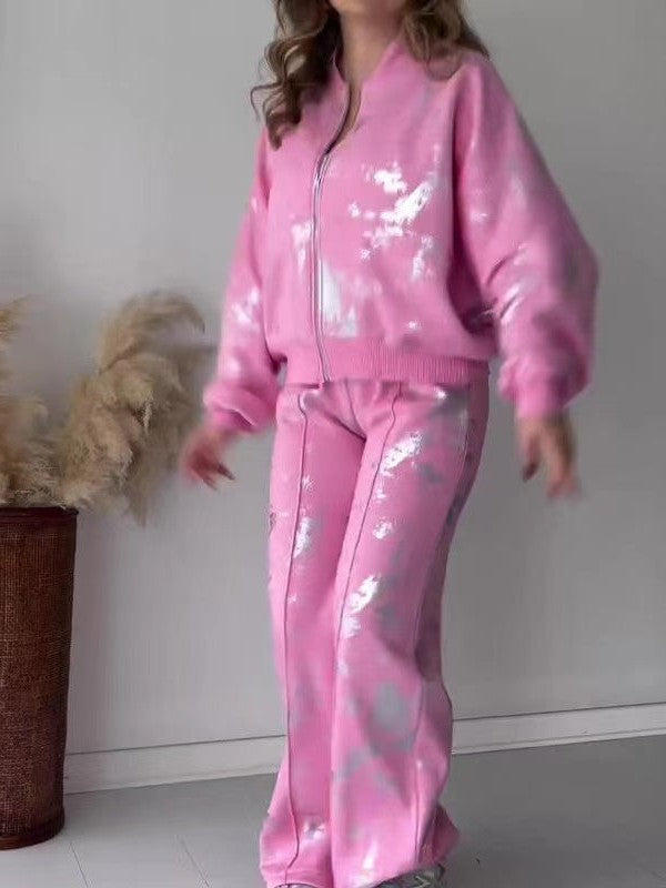 Pink velour coordinating set: zip-front long-sleeve jacket with ribbed hem and matching tie-dye pants