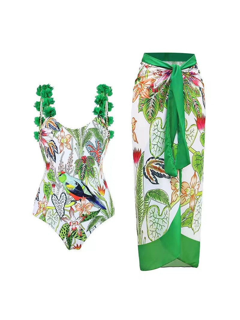 Ruffle Strap Tropical Print Swimsuit & Skirt Coord Set