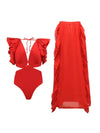 Retro Ruffled V Neck Hollow Out Cutout Swimsuit & Skirt Coord Set