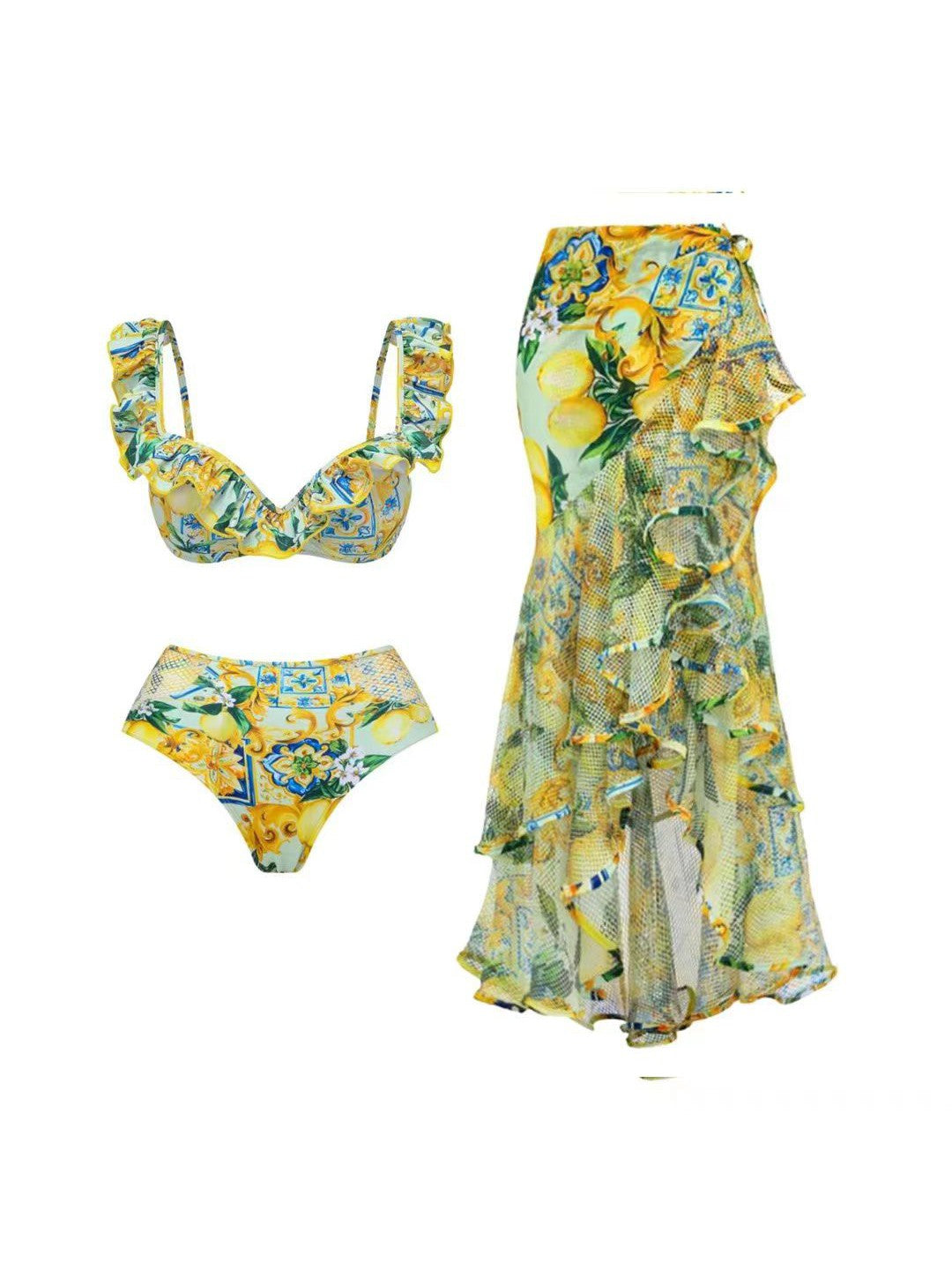 Ruffle Printed Three Peice Bikini Swimsuit Set
