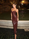 PU Leather Spaghetti Strap Slit Maxi Dress