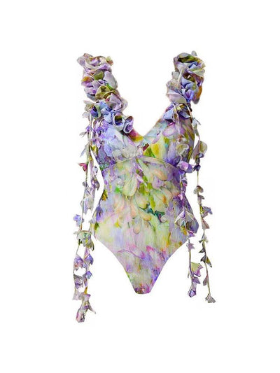 3D Floral Decorative Printed Tassel Swimsuit