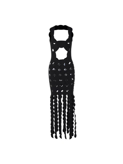 Backless Hollow Out Cutout Fringe Maxi Dress