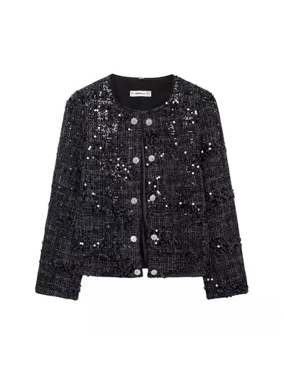 Tweed Rhinestone Button Sequins Blazer