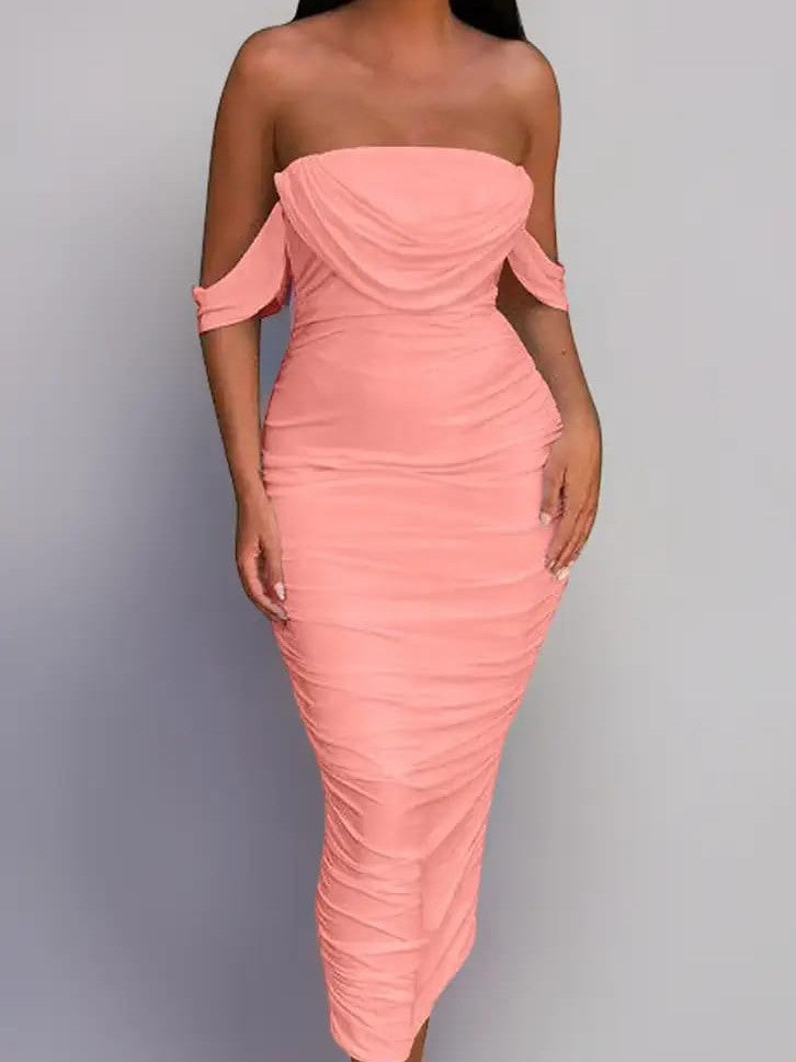 peach off the shoulder draped top midi dress Stylish Season Off Shoulder Satin Midi Dress Peach