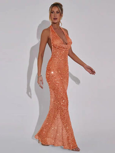 See Through Sequins Tied Halterneck Backless Maxi Dress