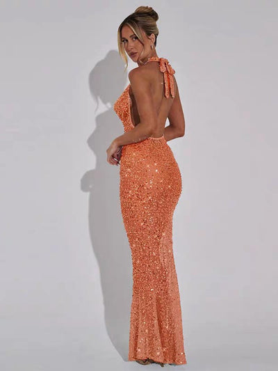 See Through Sequins Tied Halterneck Backless Maxi Dress