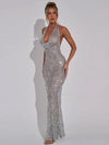 See Through Sequins Tied Halterneck Backless Maxi Dress