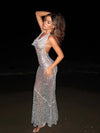 See Through Sequins Tied Halterneck Backless Maxi Dress