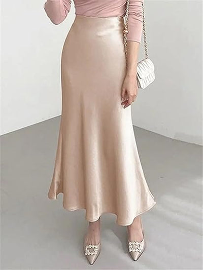 High Waist Satin Ankle Length Long Skirt