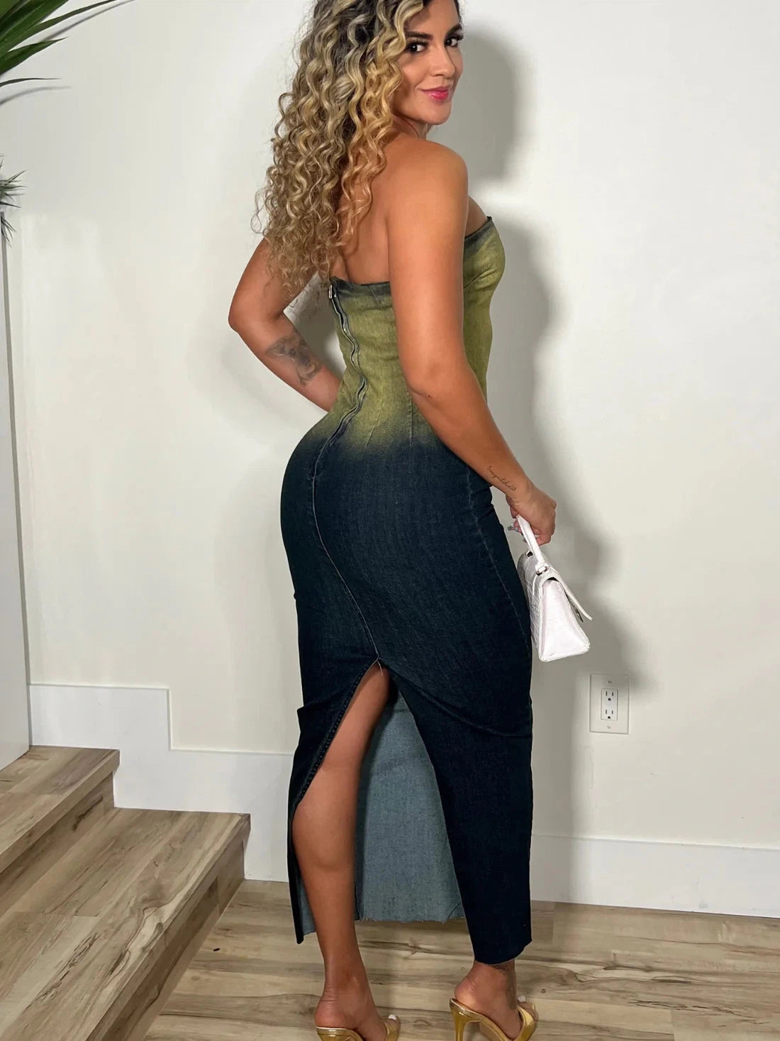 Denim Gradient Tube Slit Midi Dress