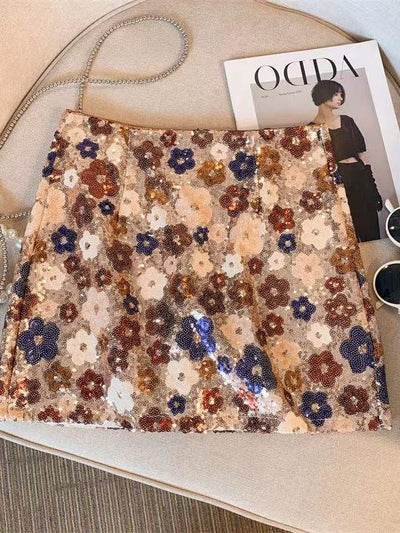 Flower Print Sequins Short Skirt